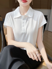 衬衫领短袖简约百搭宽松套头上衣，女装针织衫/毛衣，绒宛羊绒