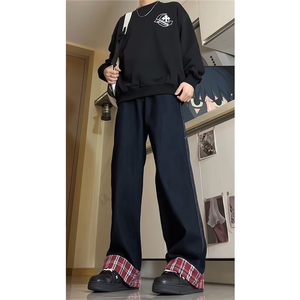 拼接卷边格子牛仔裤男设计感小众阔腿直筒拖地裤子潮牌KZ011P55图片