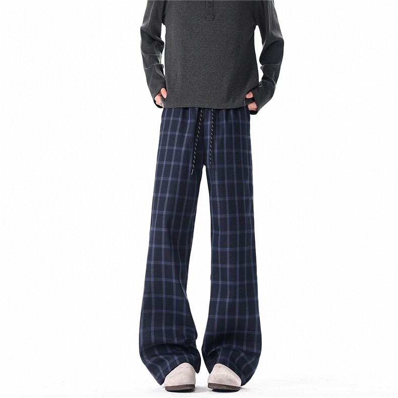 藏青色格子裤cleanfit休闲微喇裤子男190高个子加长直筒裤KZ104，男装休闲裤，电商B312