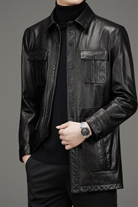 DLSN22135海宁皮衣男牛皮风衣外套韩版修身商务男装P1050图片