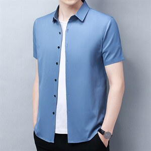 短袖衬衫男装2023夏季新款潮流衬衣中年男士纯色休闲外套男装上衣图片