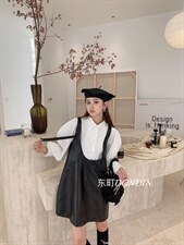 现货立体荷叶袖衬衫?百搭U领pu皮吊带裙，女装衬衫，东町
