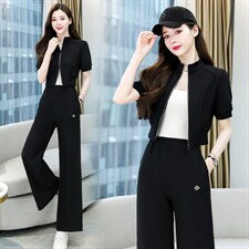 尾货通勤大牌外贸高端专柜牛货新款长袖撞色拉链上衣配阔腿裤套装，女装套装/套裙，卡杰菲