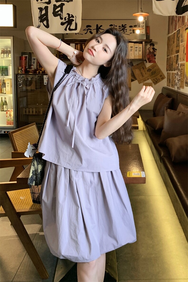 俏皮减龄紫色系带领无袖上衣套装女2025夏甜美短款花苞裙裤两件套,女装套装/套裙,2C206