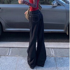 复古深色微喇牛仔裤女2025秋季新款低腰宽松垂感不贴腿拖地直筒裤，男装牛仔裤，星座506A