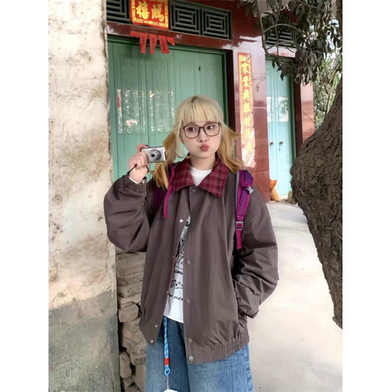流行潮流时尚新款ins百搭简约日系文艺气质原宿慵懒夹克图片