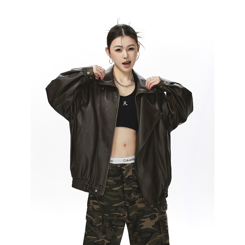 荔枝纹高端双层领廓形设计大码M-5XL机车皮衣女JK78095P128控178,女装皮衣,星座226-1