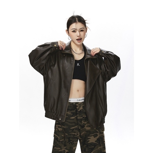 荔枝纹高端双层领廓形设计大码M-5XL机车皮衣女JK78095P128控178图片