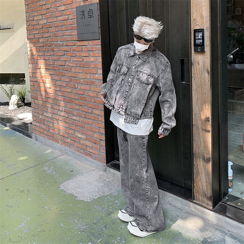 美式潮牌港风设计感牛仔夹克套装春秋季做旧水洗两件套,男装夹克,星座410-7