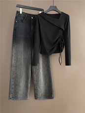 女春新款时尚减龄套装修身纯欲不规则斜肩领口上衣牛仔长裤两件套，女装套装/套裙，江南