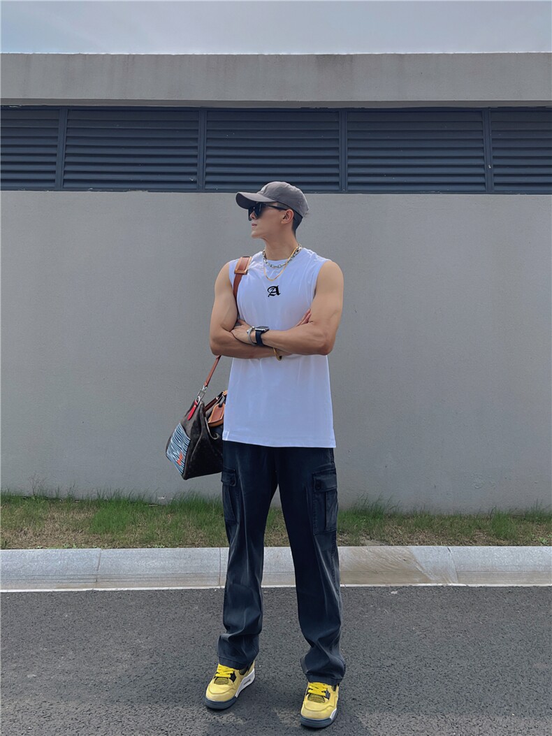 美式复古背心健身显肌肉无袖t恤纯棉重磅小领口坎肩运动汗衫,男装T恤,星座310A-4