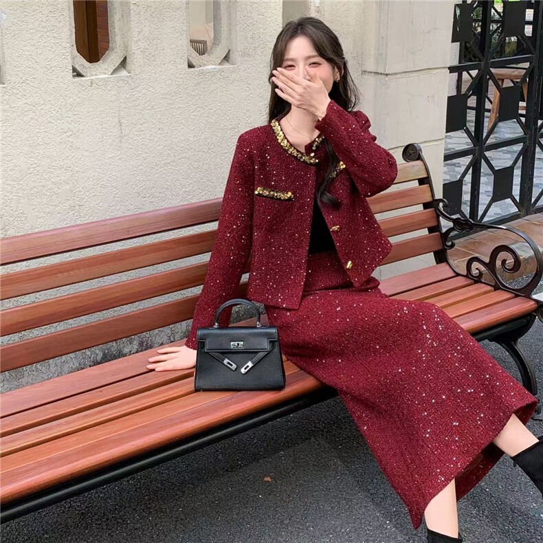 2025冬装新款气质优雅范小香风羽绒服套装,女装羽绒服,曼琳思菲