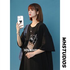 港风2026夏季新品奶茶印花圆领休闲七分袖短袖T1094P25-控38---，男装T恤，A247A