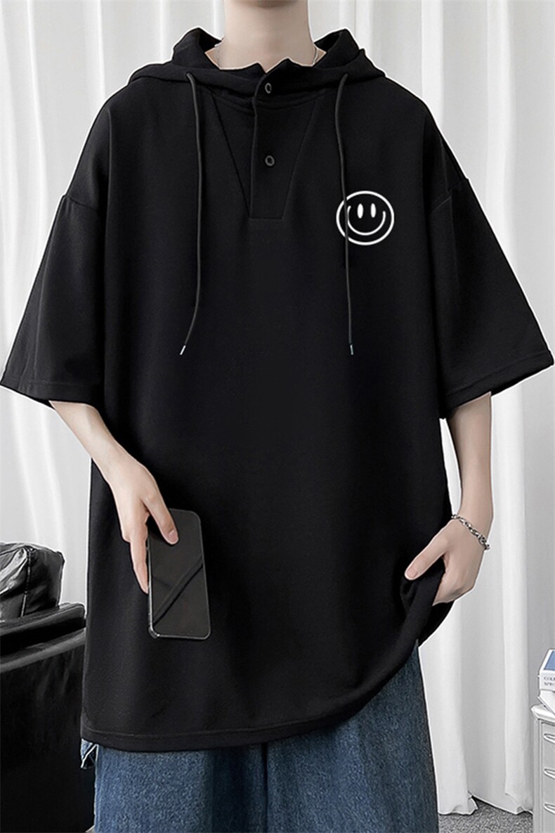 LD54224-P45连帽短袖t恤男大码胖子带帽五分袖中袖,男装T恤,电商A040