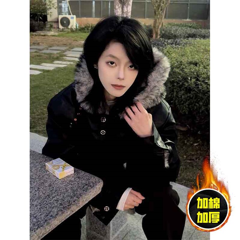现货冬季美式潮牌痞帅PU皮机车服棉衣毛毛绒狼王座山雕皮棉服,男装棉衣,电商A486-1