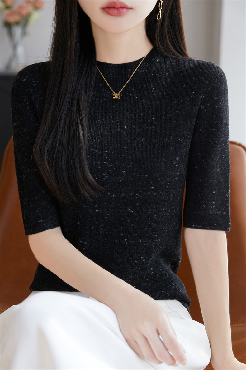 夏季薄款半高领针织短袖T恤打底衫女修身显瘦气质通勤毛衣内搭潮,女装T恤,东远绒业