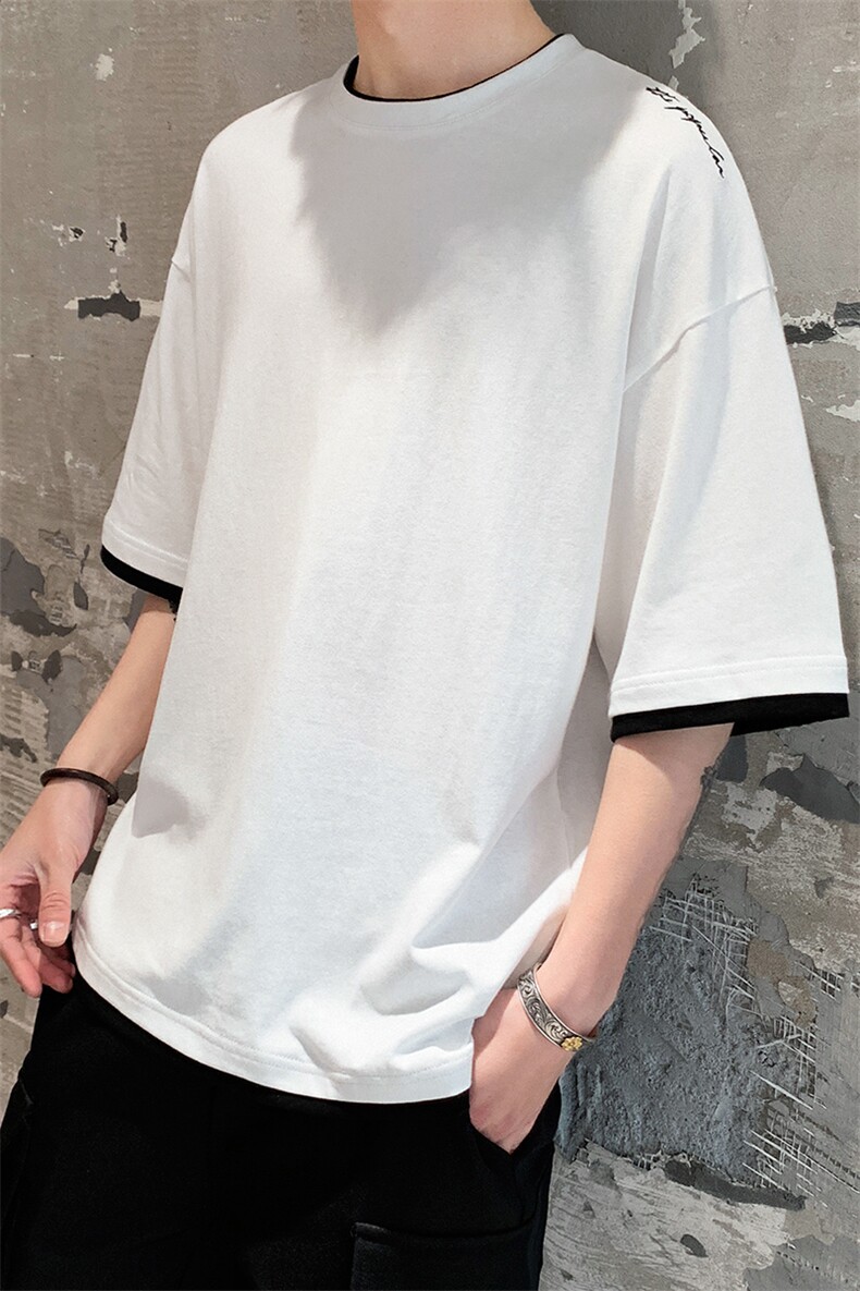 夏季港风休闲纯棉短袖t恤男装半袖打底假两件上衣服DS347TP25,男装T恤,电商A102