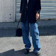 深蓝色工装牛仔裤女2025春夏季新款高腰显瘦美式高街直筒阔腿裤，男装牛仔裤，星座506A