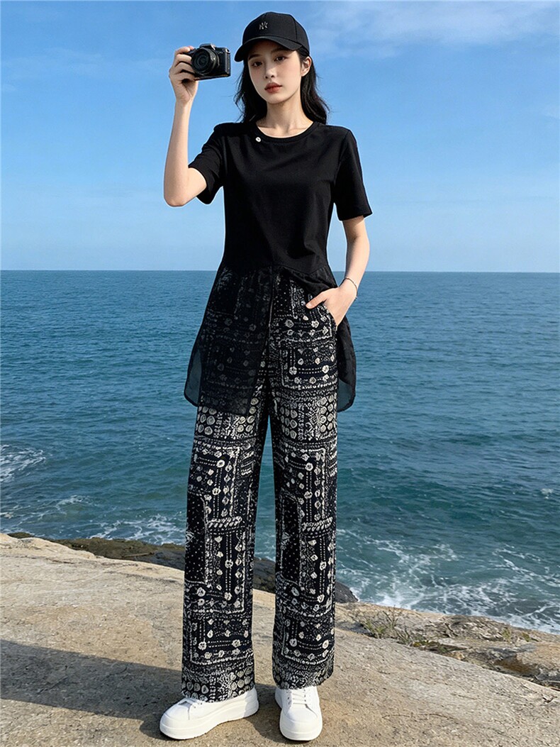 设计感小众时尚气质套装女夏圆领网纱拼接短袖上衣碎花长裤两件套,女装套装/套裙,江南