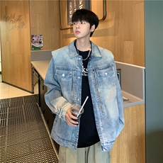 DW053-P75潮牌垫肩牛仔外套男美式高街水洗做旧夹克秋季宽松上衣，男装夹克，星座603-2