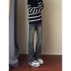 数据款现货新款美式拼接微喇牛仔裤男情侣直筒弯刀裤L8044-P48，男装牛仔裤，星座1008-1