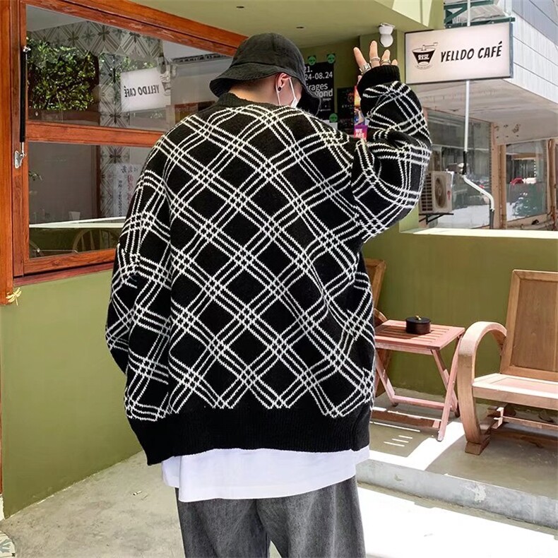 美式复古格纹开衫毛衣男秋季潮牌日系慵懒风宽松情侣款针织衫上衣，男装针织衫/毛衣，星座1116-2