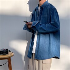 牛仔衬衫男长袖韩版潮流衬衣外套ins秋季宽松日系上衣服CS55-P45，男装衬衫，星座1008
