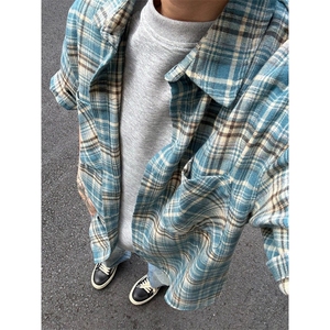 美式复古蓝色格子衬衫男款街头潮宽松慵懒休闲风外套上衣YCS70图片