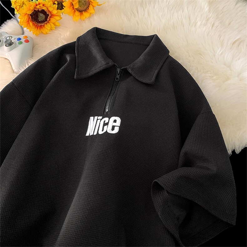 现货半拉链华夫格短袖T恤男夏潮牌刺绣Polo衫HD045-D022-P40控58，男装Polo衫，星座914-4