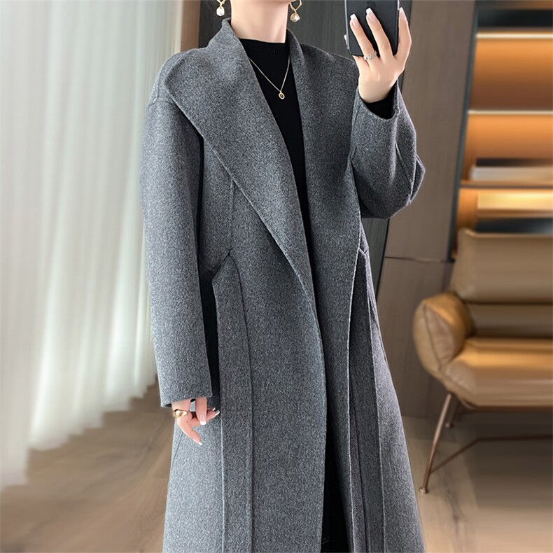 时尚显瘦韩版宽松长款毛呢外套女冬季新款气质百搭腰带大衣,女装双面呢大衣,乾庄羊绒