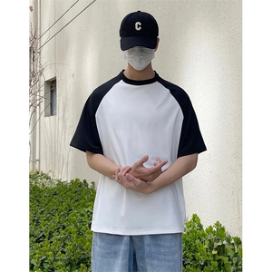 抖音得物高品质二开240克宽松纯棉美式潮牌插肩袖拼接短袖T恤图片