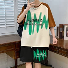 新款夏季短袖t恤套装冰丝透气港风宽松运动青少年男装潮DF323P48，男装休闲套装，电商A086