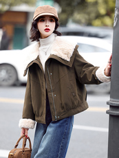 新标90白鸭绒羽绒短款外套女2025冬装韩版撞色拼接皮毛娃娃领，女装羽绒服，鑫源服饰