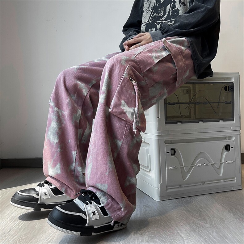 秋款男迷彩牛仔裤工装大口袋拉链扎染渐变色抽绳束脚长裤NK04 P70图片