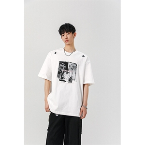 8XL-M 美式街头风白色贴布男女情侣上衣短袖T恤半截袖DX330P48图片