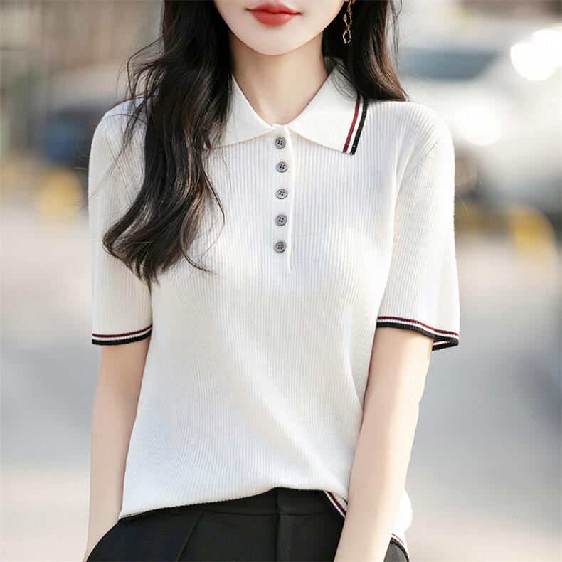 春夏Polo撞色polo翻领设计修身上衣显瘦短袖针织衫T恤,女装T恤,恩尚羊绒