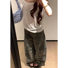 美式迷彩阔腿牛仔裤女秋新款街头辣妹宽松拖地弯刀长裤K6538-P50，男装牛仔裤，星座412-3