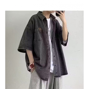 新款港风日系牛仔衬衫男短袖夏季穿搭痞帅衬衣夏季外套小众 C1352图片