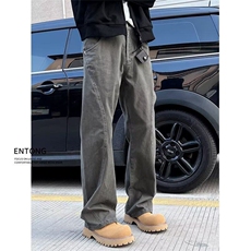 深灰色水洗做旧牛仔裤男日系复古线条设计修身显瘦宽松直筒工装裤，男装牛仔裤，星座506A