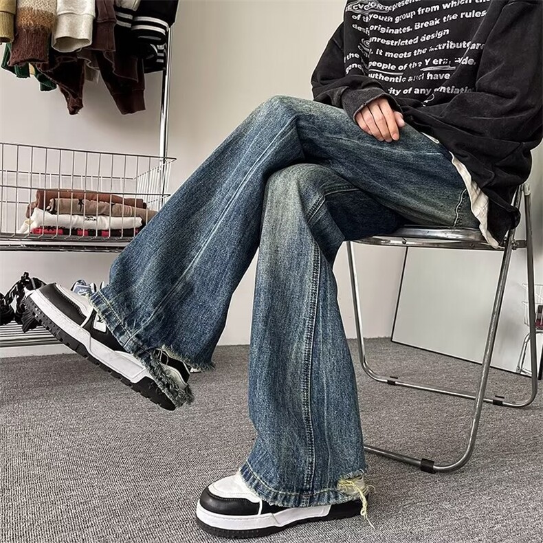 牛仔裤男春季美式复古水洗做旧裤子青少年宽松直筒毛边休闲长裤,男装牛仔裤,星座410-6（原星座1304-1）
