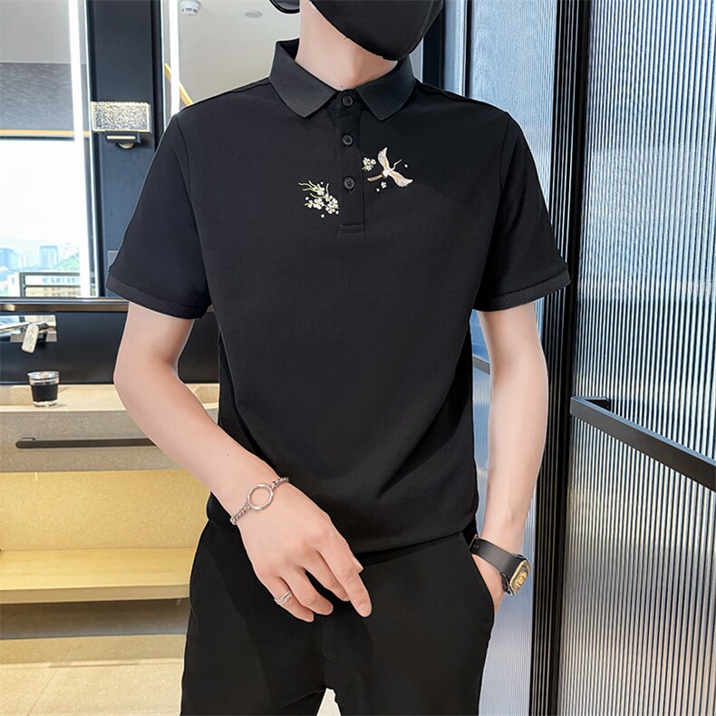 主推款2025夏季新款仙鹤印花风短袖T恤翻领Polo衫男T6077-P48图片