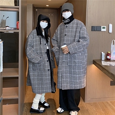 情侣装冬中长款呢大衣翻领宽松廓形格纹夹棉毛呢外套G1038P128女，女装短外套，电商A339