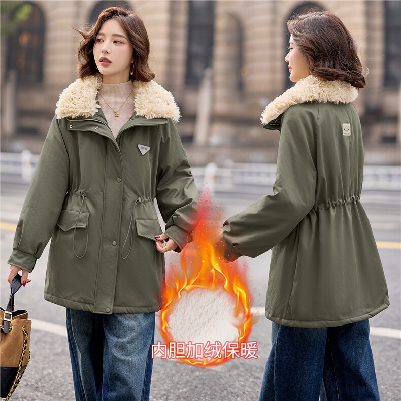 9113时尚中长款加绒加厚外套（毛领可脱卸）,女装派克服,依路服饰