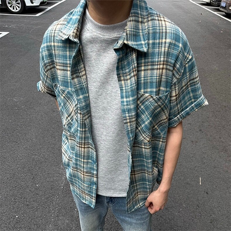 美式复古蓝色格子衬衫男款街头潮宽松慵懒休闲风外套上衣YCS70,男装衬衫,星座208-5