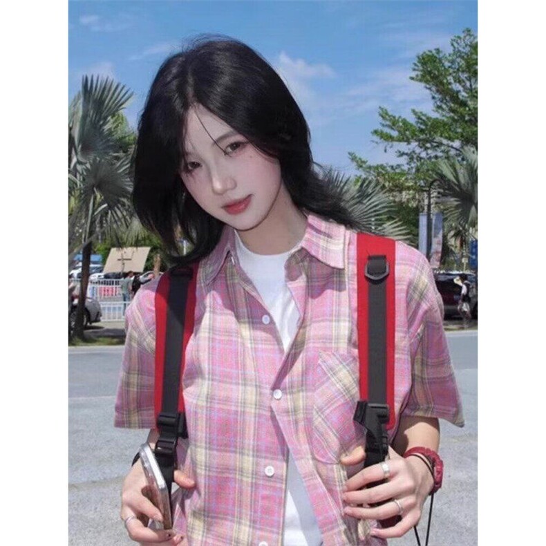 夏复古简约撞色格纹短袖衬衫男女宽松休闲防晒衬衣外套 C7009图片