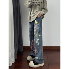 B221美式ins高街修身直筒个性涂鸦牛仔裤LK24403-特P52控88，男装牛仔裤，电商B221