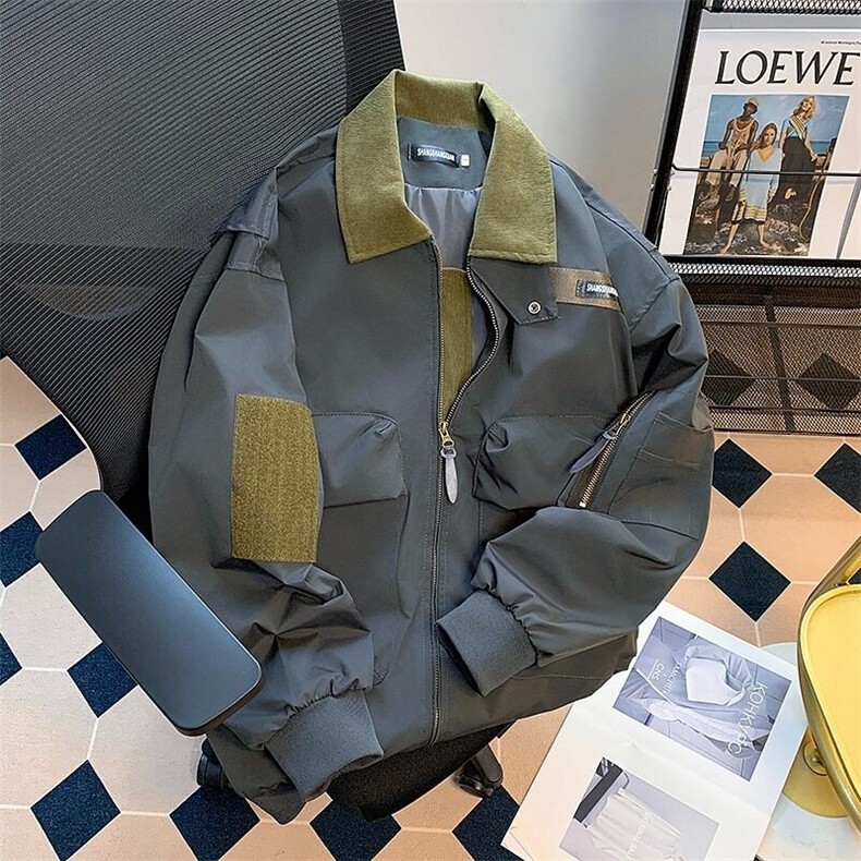 W389-P75 春季户外设计感飞行员外套宽松机车服工装夹克棒球服图片