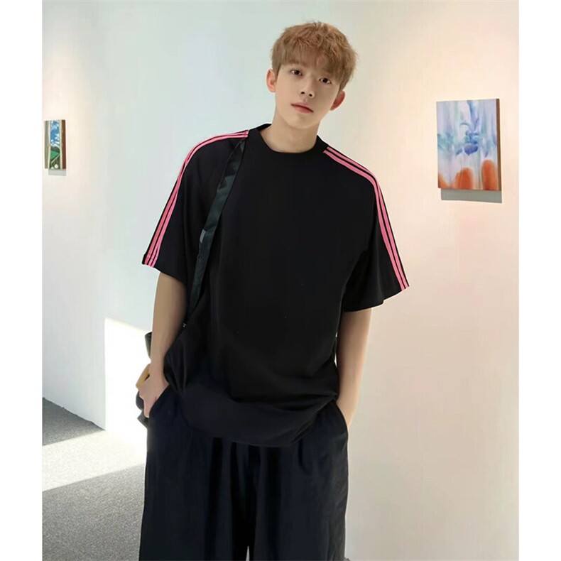 抖音得物品质二开240克宽松纯棉美式潮牌印花三条杠中性风短袖T恤,男装T恤,电商A486-1