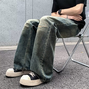 山小川潮牌破洞牛仔裤男美式高街设计感小众做旧水洗宽松直筒长裤图片