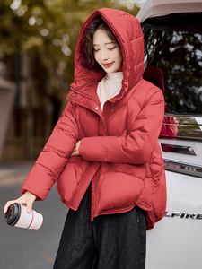 红色短款羽绒服女高级设计感90白鸭绒小个子韩版宽松加厚冬季外套图片